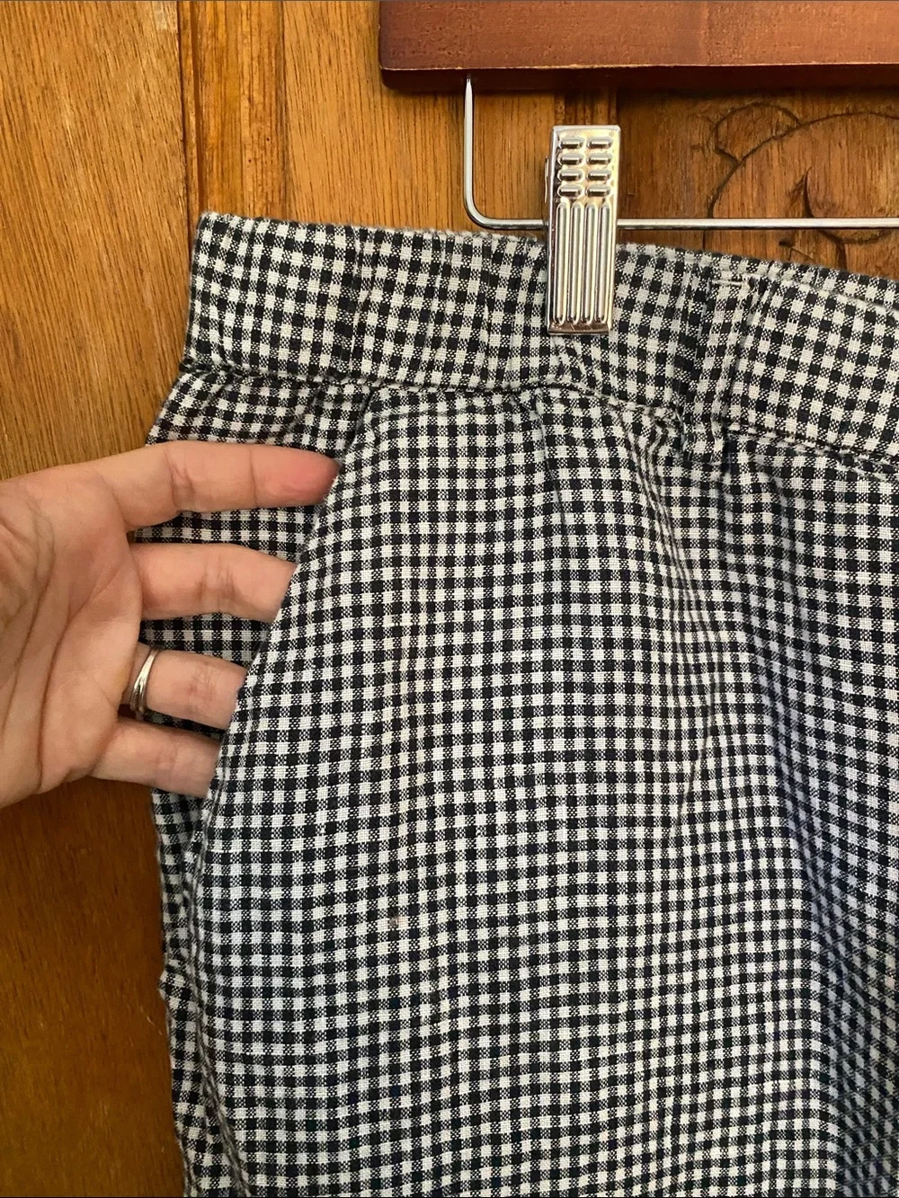QUINCE 100% linen gingham trouser pant XL black white elastic waist pockets